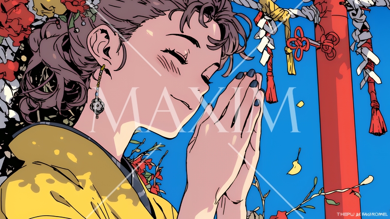 和服を着て初詣をしている若い女性