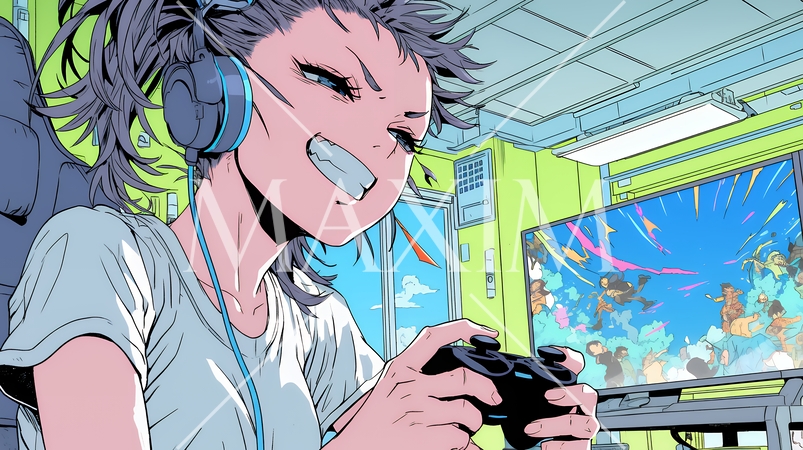 対戦型テレビゲームに没頭している若い女性