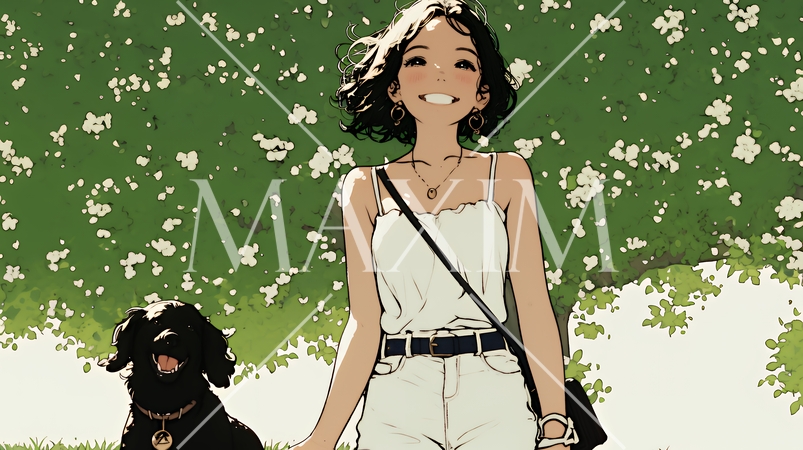 愛犬と散歩している若い女性（シンプルな色使い）