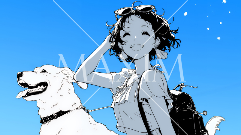 愛犬と散歩している若い女性（シンプルな色使い）