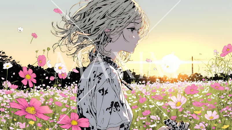 コスモス畑にいる若い女性