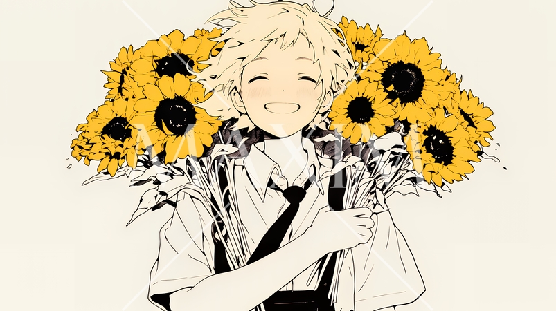 ひまわりと女性（シンプルな色使い）