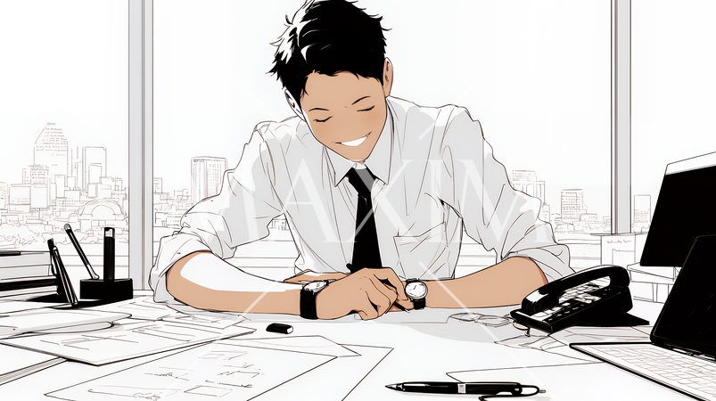 笑顔で面談対応中の男性マネージャー（シンプルな色使い）