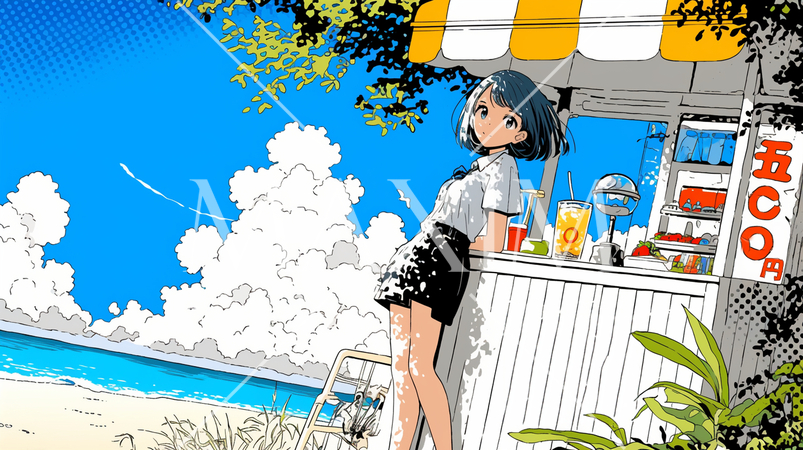 海辺の喫茶レストランで飲み物を飲んでいる若い女性