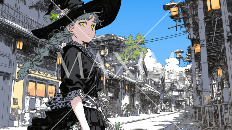 ゴシックロリータファッションで東京の下町を歩く若い女性