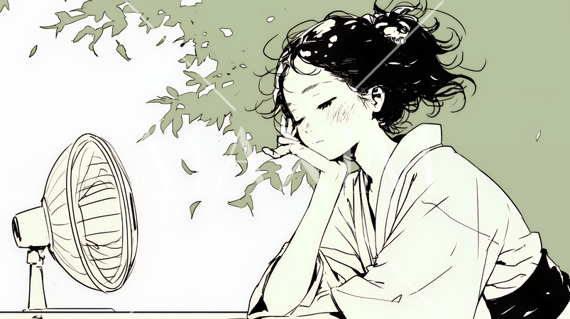 暑い夏の昼下がり、扇風機にあたって涼んでいる若い女性（シンプルな色使い）