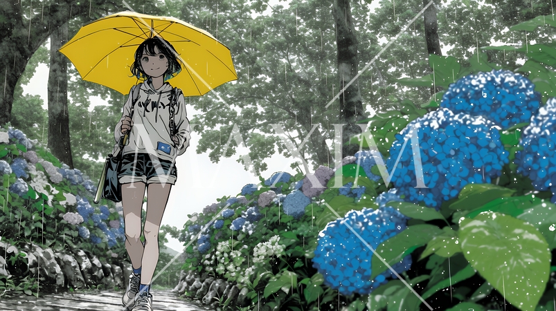 あじさいとカジュアルな服装の若い女性