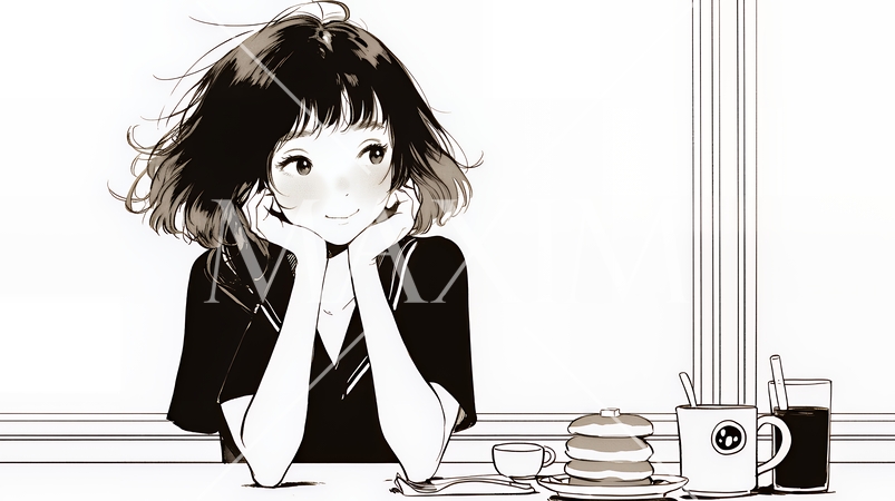 早朝のダイナー（喫茶店）でパンケーキ（モーニングセット）を食べる若い女性（シンプルな色使い）