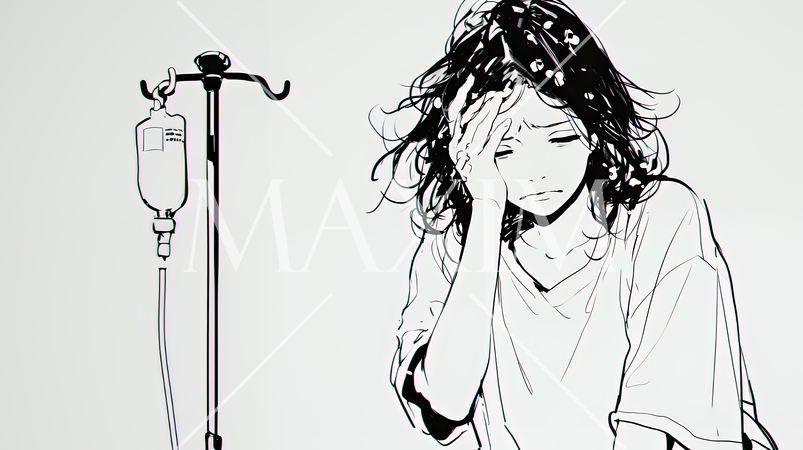 病院のベッドに腰掛けて気落ちしている女性（シンプルな色使い）