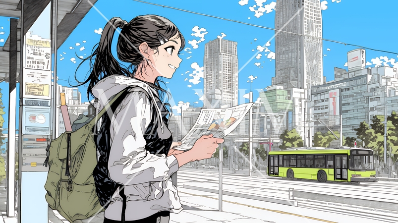 一人旅の旅先、街角で足を止めて道を確かめる若い女性