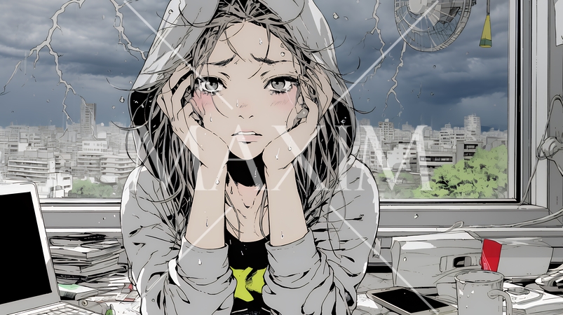 雷にひどく怯えている若い女性。