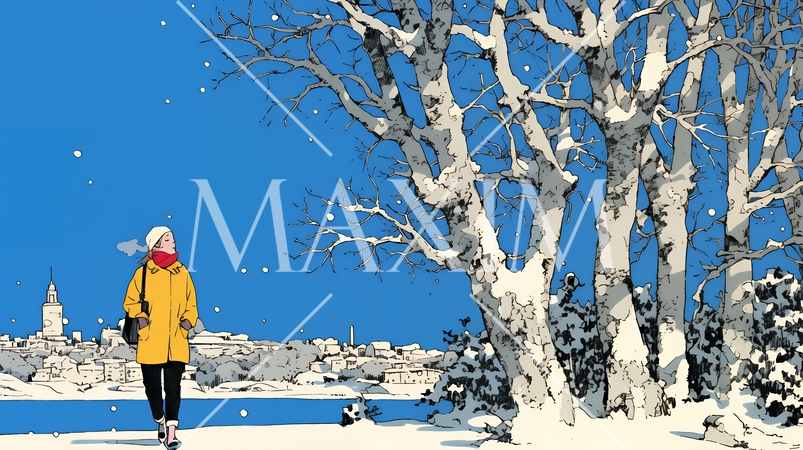 冬枯れの郊外の道を歩く若い女性