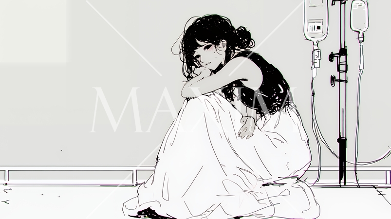 病院のベッドに腰掛けて気落ちしている女性（シンプルな色使い）