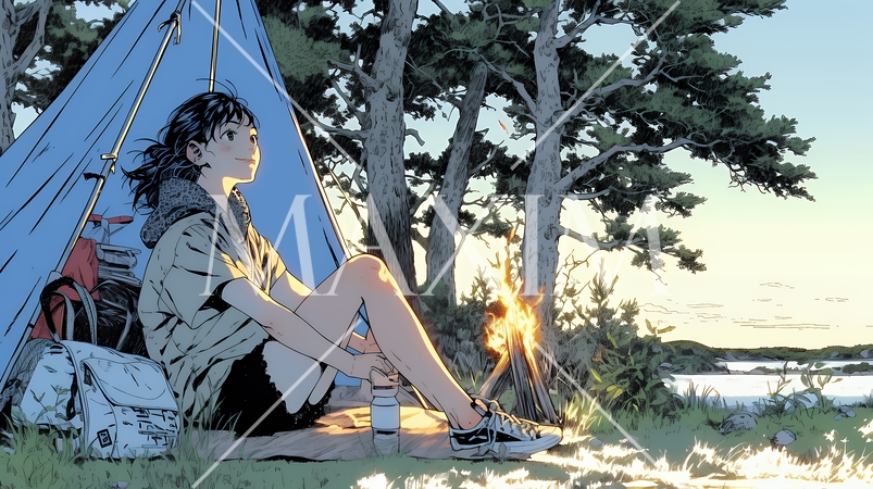 ソロキャンプを楽しんでいる若い女性