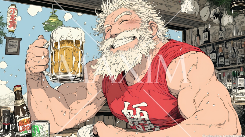 豪快にビールを飲んでいるサンタクロース