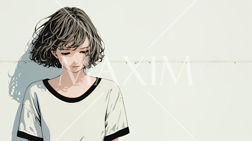 白い壁に向かって考え事をする若い女性