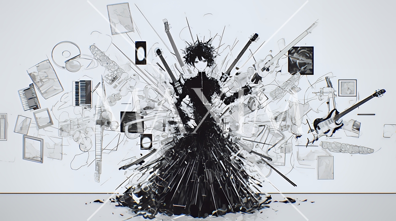 音楽は爆発だ：楽曲演奏をしている女性から色々な楽器が爆発するように飛び出している