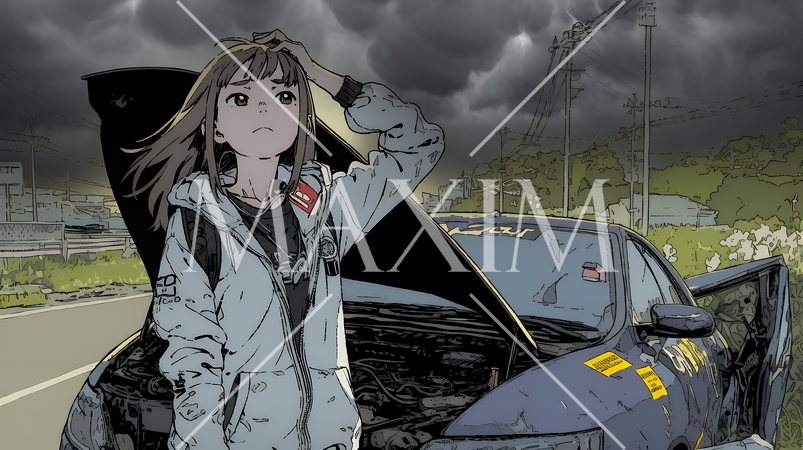 ドライブ中の車の故障・事故・トラブルで困っている女性（悪天候編）