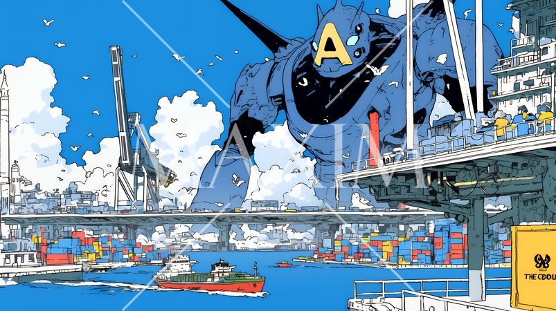 巨大関税ロボットが自由貿易港のコンテナ基地を破壊して、輸出入を妨害している