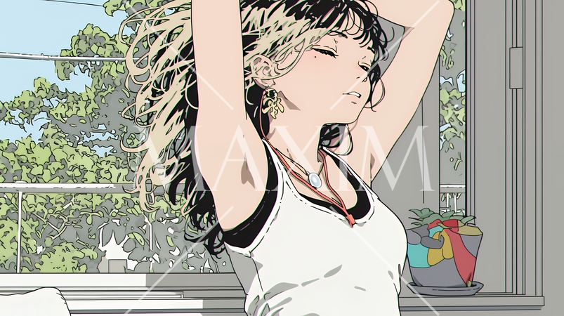 朝の目覚ましを止めて伸びをしている若い女性