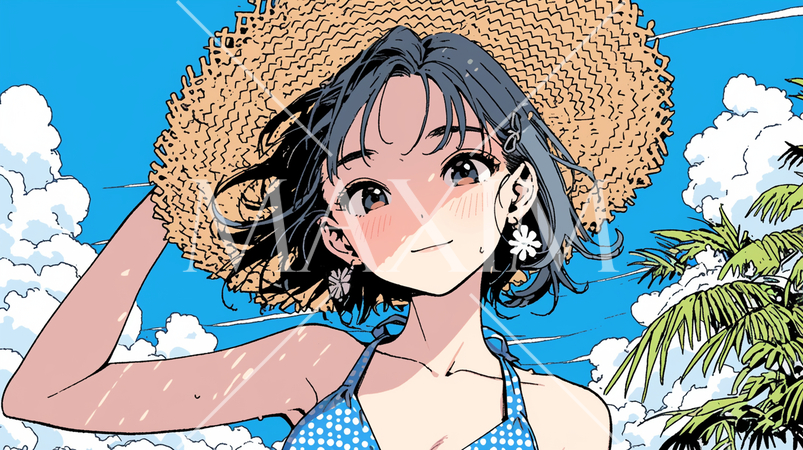 ビキニを着て南の島を散策中の若い女性