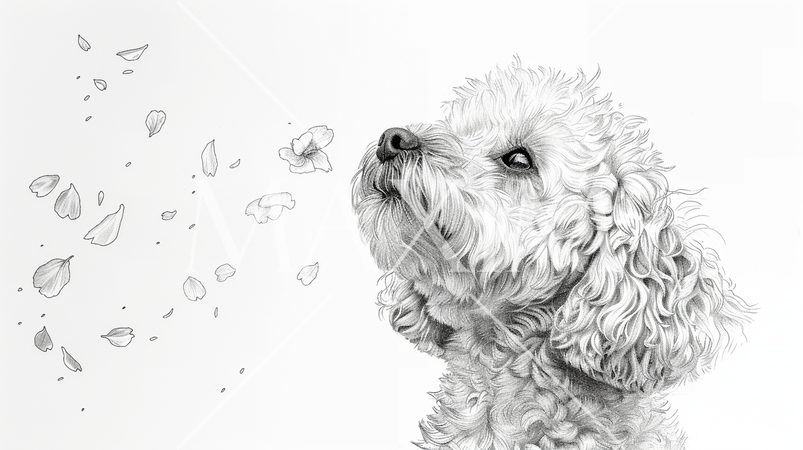 桜の花びらと戯れているトイプードル