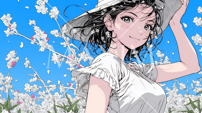 春風に飛ばされそうな帽子を、手で押さえる若い女性