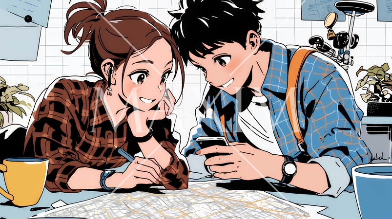 仲良く二人で旅行の計画を立てている若いカップル