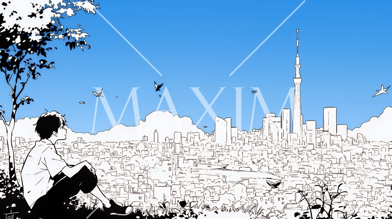 都市の町並みと青空（シンプルな色使い）