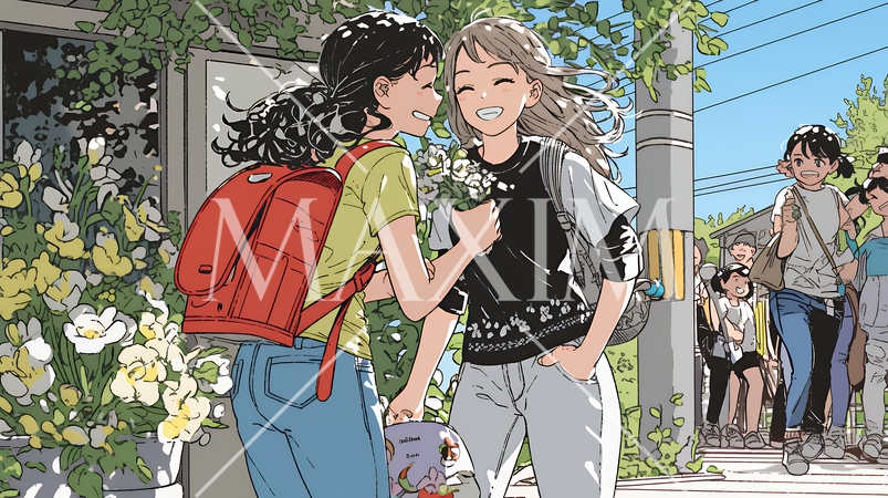 道端で会話を楽しむ若い主婦たち（ママ友たち）