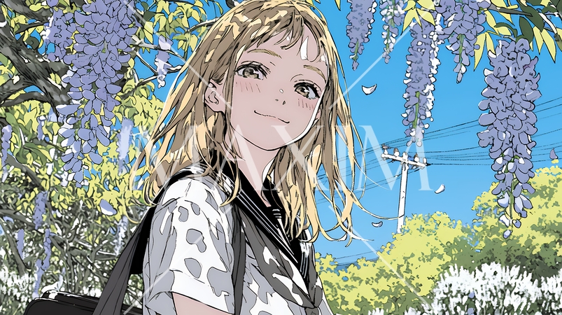 満開の藤の花の下を歩いている女子高生