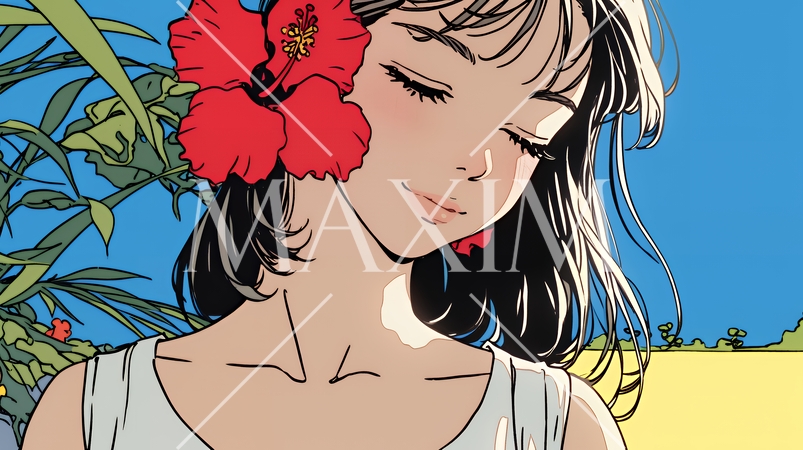 ハイビスカスと若い女性