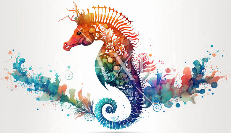 タツノオトシゴ：カラフルでサイケデリックでシュールレアリズム的な水彩画
