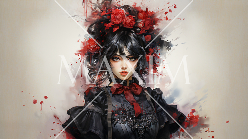 ゴシックロリータ（ゴスロリ）衣装の女の子：水彩画