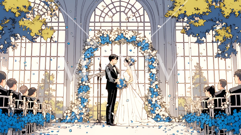 晴天の日のウェディングベルの鳴り響く中の結婚式