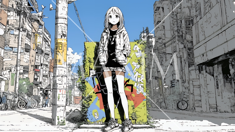 都会の治安の悪そうな場所にいる若い女性