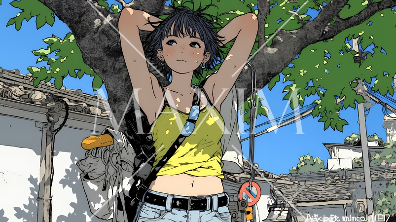 強烈な日差しでヘトヘト状態の女性（シンプルな色使い）