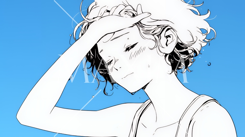 強烈な日差しでヘトヘト状態の女性（シンプルな色使い）