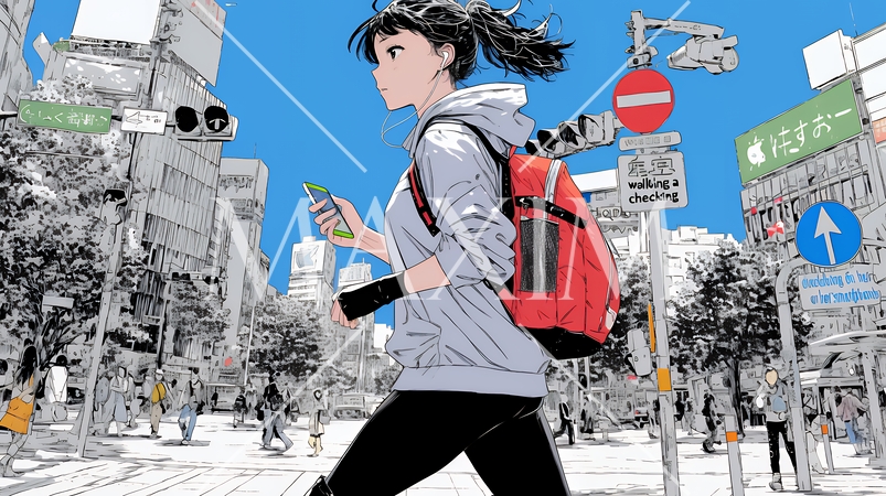 スマホの地図アプルを頼りに目的地に向かって歩いている女性：歩きスマホ