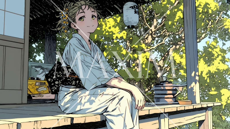 浴衣姿で夕涼みをしている若い女性