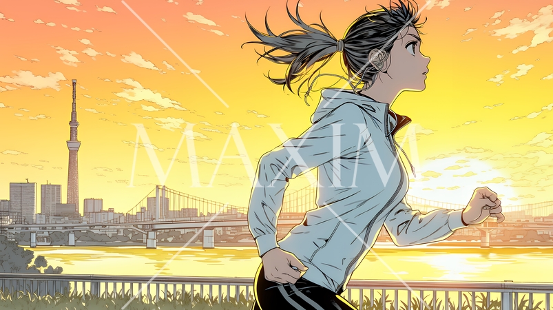 夕方の街並みを背景にジョギングをする若い女性