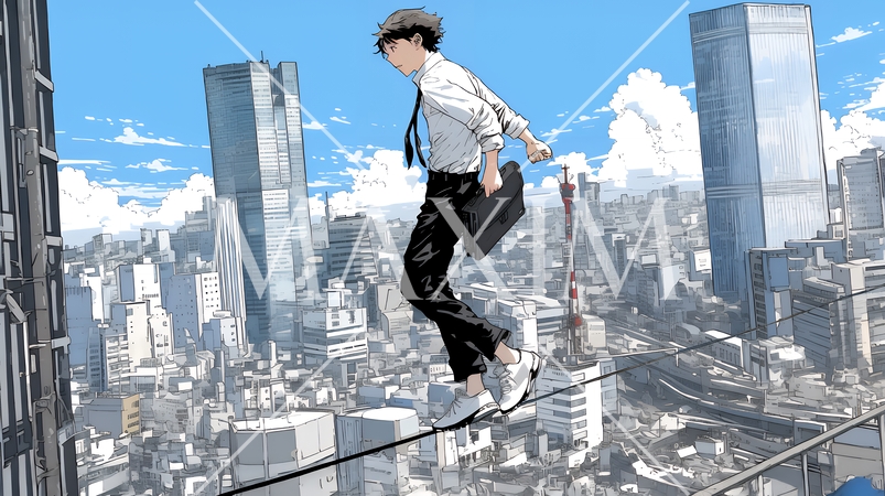 綱渡りな経営状態：実際にビルの間を自転車操業の経営者が綱渡りしている