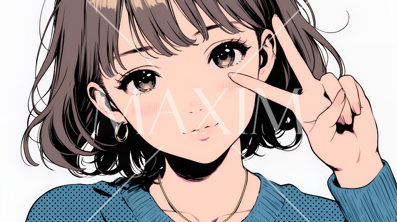 笑顔でピースサインを見せる若い女性