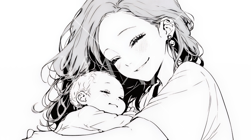 赤ん坊と母親（シンプルな色使い）