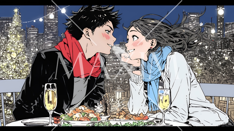 クリスマスディナーを楽しんでいる若いカップル