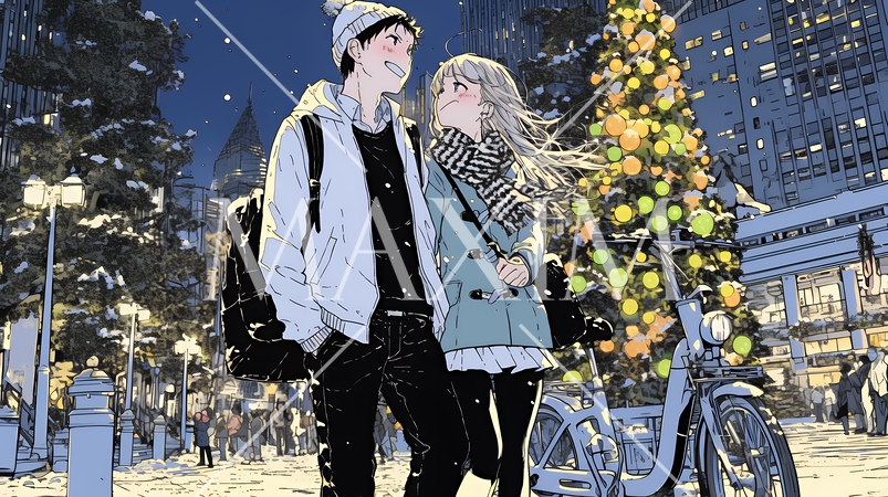 クリスマスイルミネーションの街でデートしているカップル