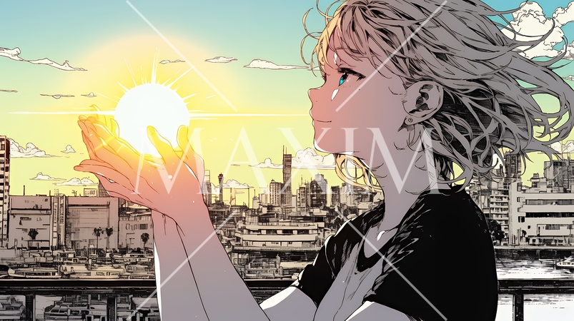 太陽を手のひらに乗せているように自撮りしている女性