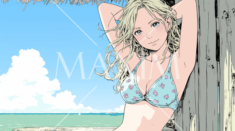 南国の海岸にビキニ姿でいる若い女性