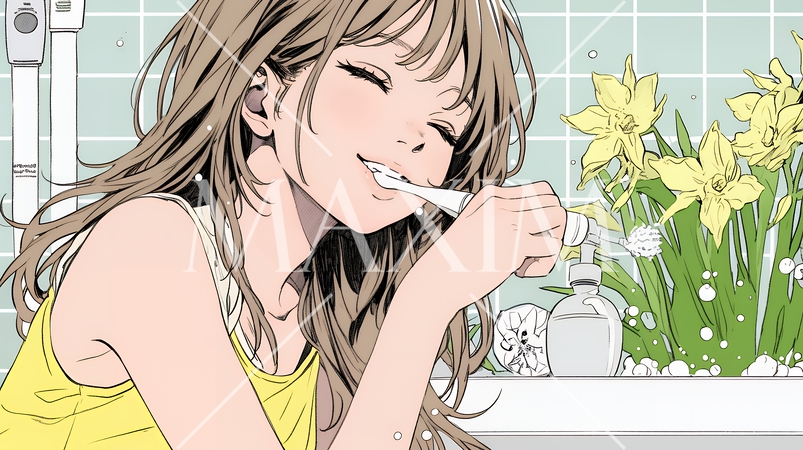 洗面所で朝の歯磨きをする若い女性