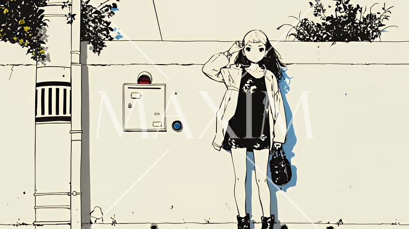 若い女性が佇む都市の街角（シンプルな色使い）